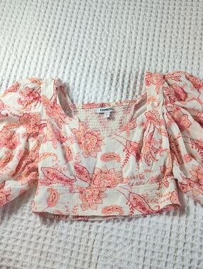 Express Cream Pink Floral Puff-Sleeve Cropped Top Size S